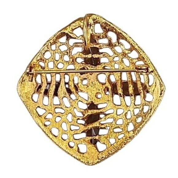 Gold Tone Sand Dollar Brooch Pendant Brown Amber Marquise Glass Open Work SHP - Picture 4 of 5